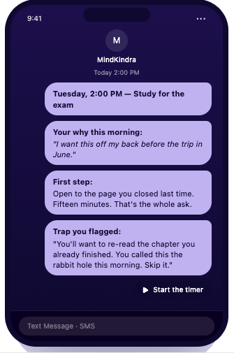 MindKindra app on a phone showing a Tuesday conversation
